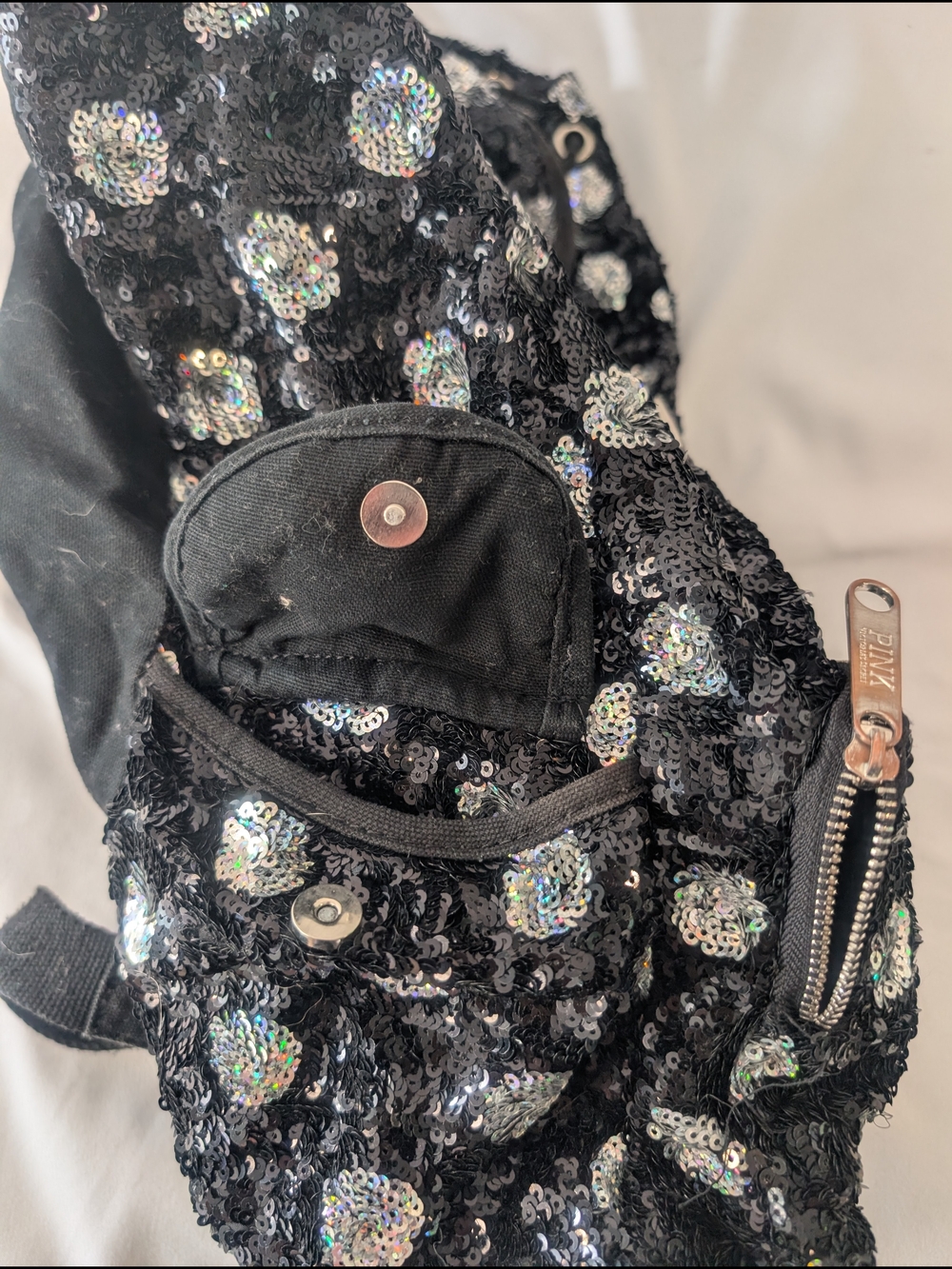 PINK Sequin Polka Dot Backpack in Black & Iridescent - Picture 6 of 11